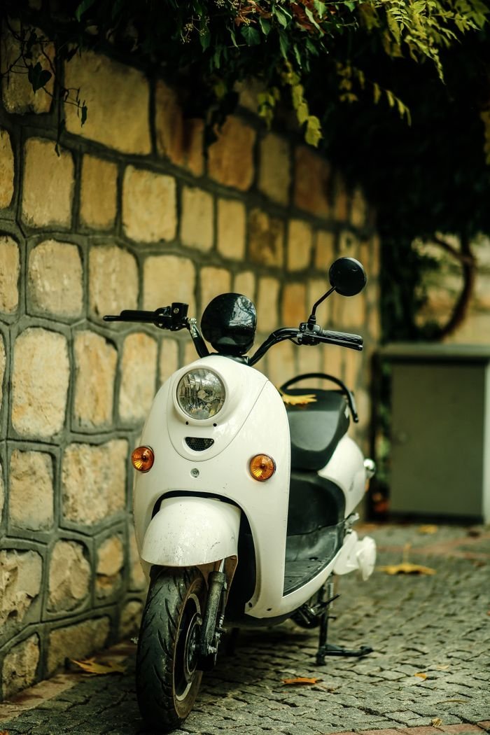 services-02 Classic white scooter parked by a stone wall with lush greenery, exuding a retro vibe.